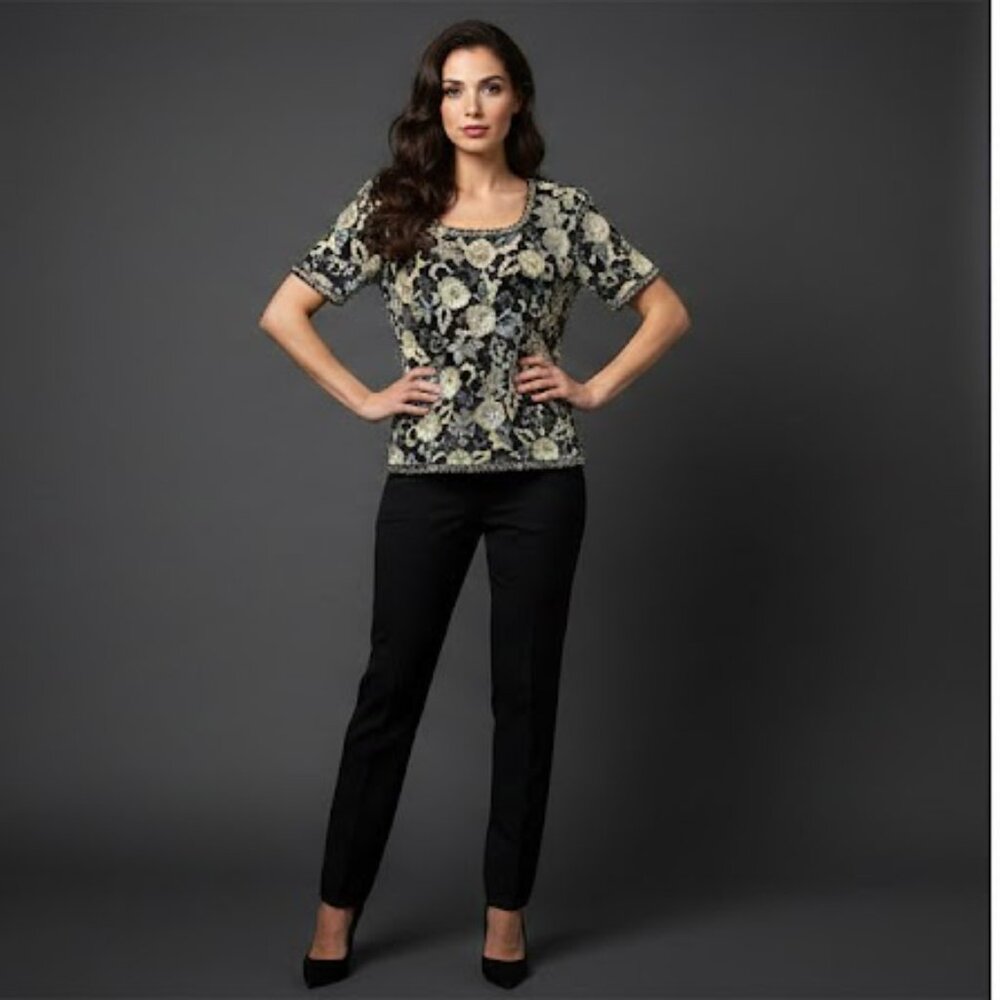 Stunning, RARE, vintage Oleg Cassini Black Tie sequins and beaded top